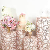 Set of 5 Rose Gold Sequin Mesh Cylinder Pedestal Pillar Prop Covers with Leaf Vine Embroidery