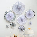 Set of 8 | Silver | White Paper Fan Decorations | Paper Pinwheels Wall Hanging Decorations Party Backdrop Kit | 4" | 8" | 12" | 16"