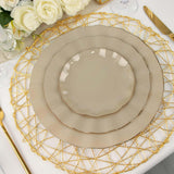 9inch Taupe Heavy Duty Disposable Dinner Plates with Gold Ruffled Rim, Hard Plastic Dinnerware