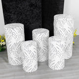 Set of 5 White Wave Mesh Cylinder Pedestal Stand Covers with Embroidered Sequins, Premium