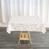 54"x54" White Polyester Square Tablecloth With Gold Foil Geometric Pattern