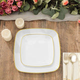 10 Pack | 10inch White with Gold Rim Square Plastic Lunch Party Plates, Disposable Dinner Plates