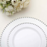 10 Pack | 10inch White / Silver Beaded Rim Disposable Dinner Plates, Round Plastic Party Plates