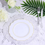 White 8inch Heavy Duty Plastic Dessert Salad Plates, Disposable Tableware, Baroque with Gold Rim