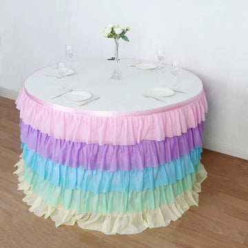 Chiffon 14ft Table Skirt Gradient Unicorn - 5-Tier Ombre Ruffled Tutu Table Cover with Satin Backing for Enchanting Events