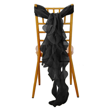 Chiffon Chair Sash with Curly Design Black - Stylish Event Decor for Weddings & Gatherings