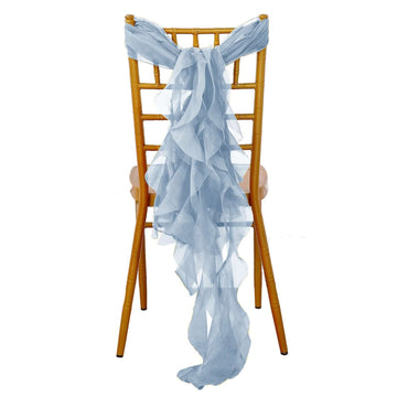 Chiffon Chair Sash with Curly Design Dusty Blue - Stylish Chair Decorations