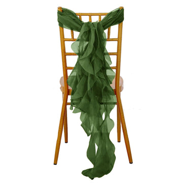 Chiffon Chair Sash with Curly Design Olive Green - Stylish Chair Decorations