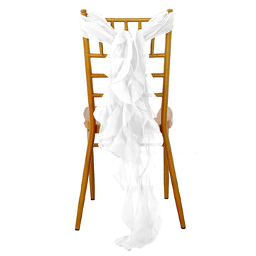 Chiffon Chair Sash with Curly Design White - Stylish Event Decor for Weddings & Gatherings