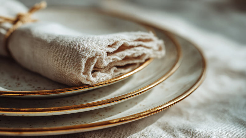 Gold-rimmed plates with folded napkin