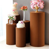 Set of 5 Cinnamon Brown Cylinder Stretch Fitted Pedestal Pillar Prop Covers