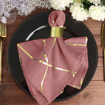 7 Pack Polyester 20"x20" Napkins Cinnamon Rose with Gold Geometric Foil Pattern - Modern Reusable Dinner Napkins