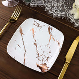 10 Pack | 6inch White / Rose Gold Marble Square Plastic Appetizer Snack Plates, Disposable Plates