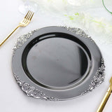 10 Pack | 10inch Black Silver Leaf Embossed Baroque Plastic Dinner Plates