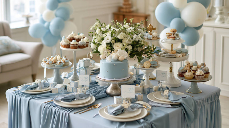 Blue baby shower table with cake, cupcakes, and balloons