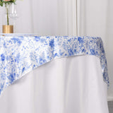 White Blue French Toile Floral Satin Table Overlay, Square Tablecloth Topper