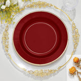 25 Pack | 10inch Burgundy Sunray Gold Rimmed Serving Dinner Paper Plates, Disposable Party Plates