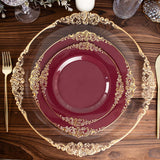 10inch Burgundy Gold Leaf Embossed Baroque Plastic Dinner Plates, Disposable Vintage Round Plates