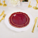 8inch Burgundy Plastic Dessert Salad Plates, Disposable Tableware Round With Gold Scalloped Rim