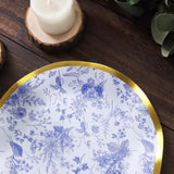 25 Pack | 8inch White / Blue Chinoiserie Disposable Salad Plates With Gold Wavy Rim Floral