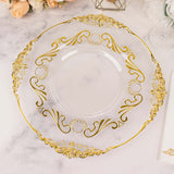 10 Pack Clear Gold European Style Disposable Dinner Plates Vintage Baroque With Scalloped Rim