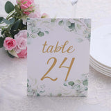 25 Pack White Green Double Sided Paper Table Sign Cards with Eucalyptus Leaves