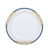 10 Pack | White With Royal Blue Rim 10inch Plastic Dinner Plates, Round With Gold Vine Design