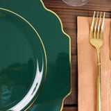 11inch Hunter Emerald Green Hard Plastic Dinner Plates, Baroque Heavy Duty Plates with Gold Rim