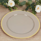 10 Pack Taupe Economy Plastic Charger Plates With Gold Rim