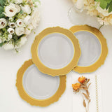 10 Pack | 8inch Gold / White Disposable Salad Appetizer Plates With Round Blossom Design