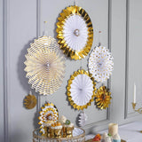 Set of 8 | Gold | White Paper Fan Decorations | Paper Pinwheels Wall Hanging Decorations Party Backdrop Kit | 4" | 8" | 12" | 16"