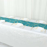 9 Feet Teal Table Runner With Gold Foil Geometric Pattern