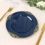 10 Pack 8inch Navy Blue Plastic Salad Plates With Gold Leaf Embossed Baroque Rim, Round Disposable