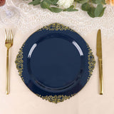 10inch Navy Blue Leaf Embossed Baroque Plastic Dinner Plates, Disposable Vintage Round Dinner Plates