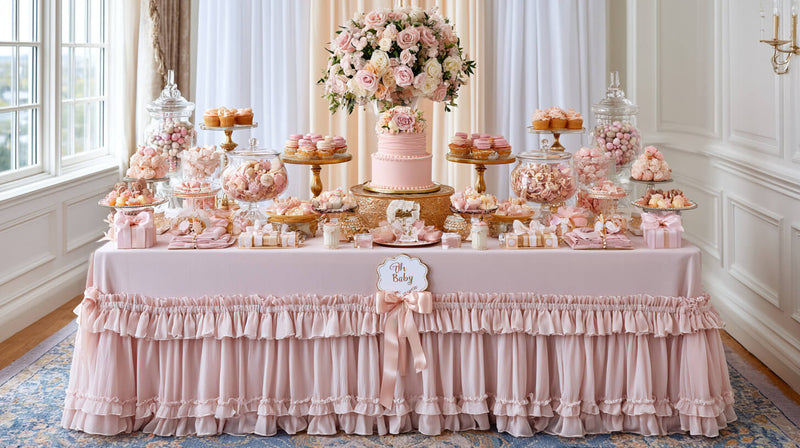 Pink baby shower table with floral cake and desserts