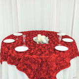 72x72inch Red 3D Rosette Satin Table Overlay, Square Tablecloth Topper