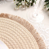 15inch Round Natural Rustic Burlap Jute Placemats Fringed Edges, Farmhouse Placemats with Trim