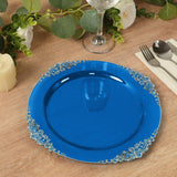 10 Pack Transparent Navy Blue Disposable Party Plates with Silver Leaf Embossed Baroque Rim