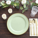 10 Pack Sage Green Disposable Party Plates with Gold Beaded Rim, 10inch Round Plastic Dinner Plates