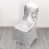 Metallic Silver Shimmer Tinsel Spandex Banquet Chair Cover With Attached Sash Band