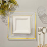 10 Pack - 10inch Gold Trim Clear Square Plastic Disposable Dinner Plates