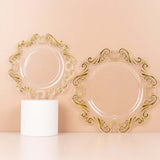 10 Pack Clear Gold European Style Disposable Dinner Plates Vintage Baroque With Scalloped Rim