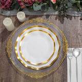 25 Pack | 10inch Matte White / Gold Wavy Rim Disposable Dinner Plates, Round Paper Party Plates