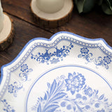 25-Pack Paper Dessert Plates in White with Light Blue Damask Floral Print & Scallop Rim