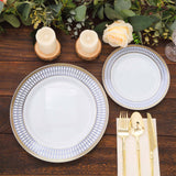 10 Pack White Renaissance Disposable Dinner Plates With Gold Navy Blue Chord Rim, Plastic Party