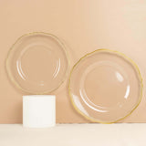 10 Pack | 10inch Clear / Gold Scalloped Rim Disposable Dinner Plates, Large Plastic Party Plates