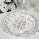 25 Pack White Lavender Lilac Disposable Party Plates in French Toile Floral Pattern