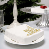 20 Pack White Linen-Feel Beverage Napkins with Gold Fleur Vintage Print