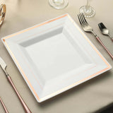 10 Pack - 10inch Rose Gold Trim White Square Plastic Disposable Dinner Plates