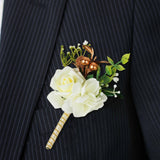 2 Pack White Artificial Rose Boutonniere With Pin, 5inch Real Touch Silk Flower